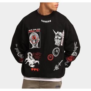 LOITER Sweatshirt Men's Size Large Black HYDRA MULTI LOGO CREWNECK EUC